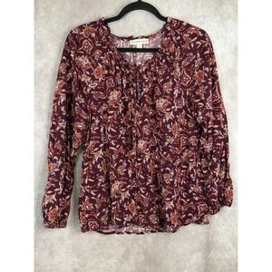 ALEXANDER JORDAN Womens Burgundy Floral Print Peasant Blouse Top Size L Paisley
